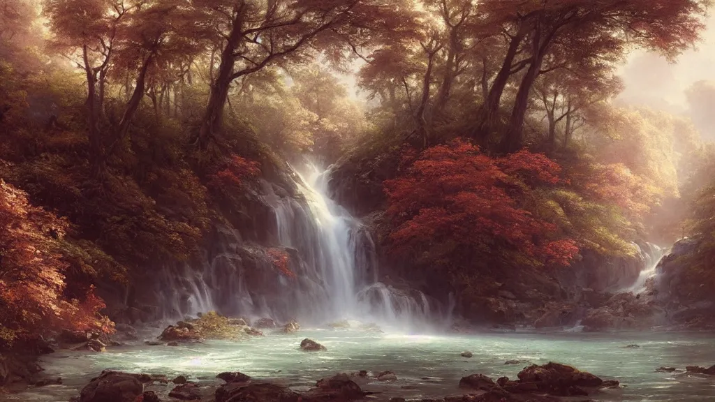 Image similar to the most beautiful panoramic landscape, oil painting, where a giant dreamy waterfall creates a river, the trees around are starting to bloom in a variety of colors, by greg rutkowski