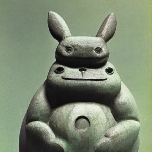 Image similar to vintage photograph of a stone totoro god statue in the deep forest by edward s curtis, realistic, trending on artstation, 4k,