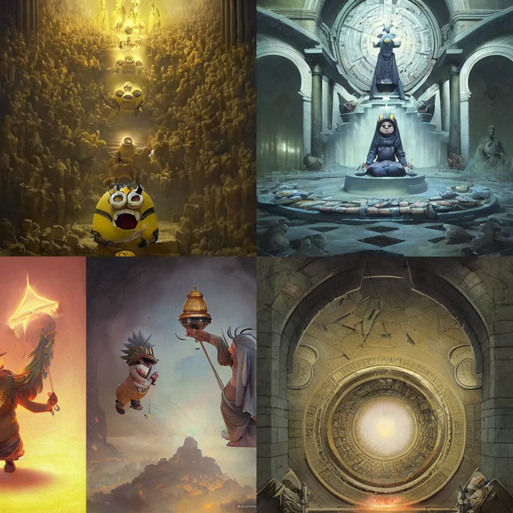 Prompt: Minions as deities painted by Tom Bagshaw, new pantheon, holy artwork, ascendant banana, little yellow gods, painted by greg rutkowski, volumetric lighting, ancient crumbling temple