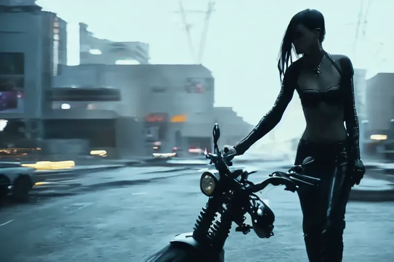 Image similar to cinematography of beautiful cyberpunk woman on motorcycle by Emmanuel Lubezki