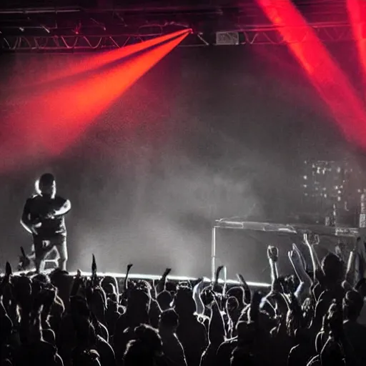 Image similar to Sweating Trent Reznor smashing guitars, group of people on stage playing instruments, elaborate stage effects, dust, smoke, giant LED screens, colored projections, ultrafine detail, cybersuit, glowing thin wires, smoke, high contrast, projections, holography, volumetric lighting