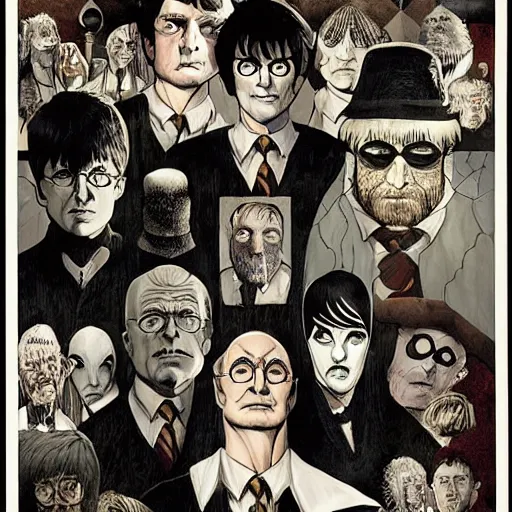 Image similar to in one frame Harry Potter with Sandman, symmetrical faces, beautiful faces, by Neil Gaiman, by Dave McKean, comics Sandman, small details, clear faces, high detail