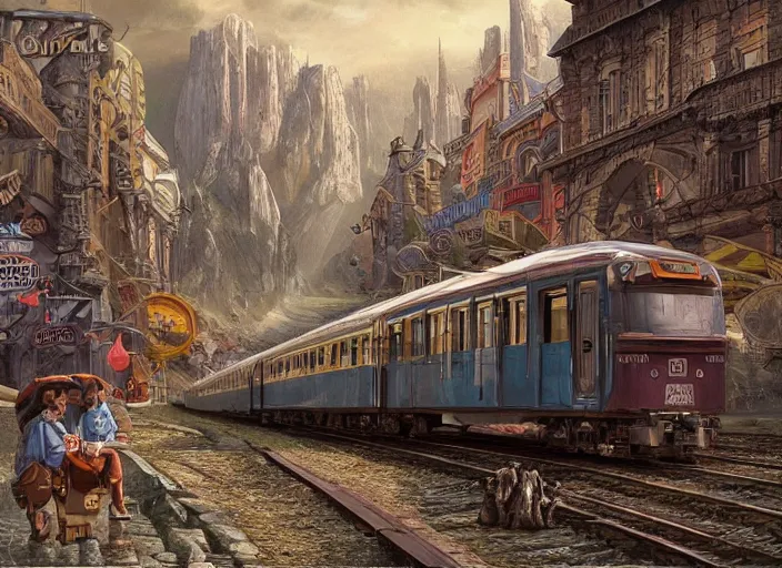 Image similar to 🛤🚞🧳, lowbrow, matte painting, 3 - d highly detailed, in the style of,