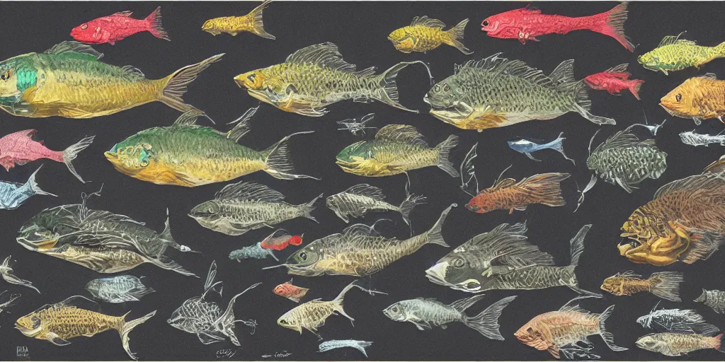 Prompt: full color page scan of vintage fish illustrations on black background, in matte painting, 2 d, kitbash, 4 k,