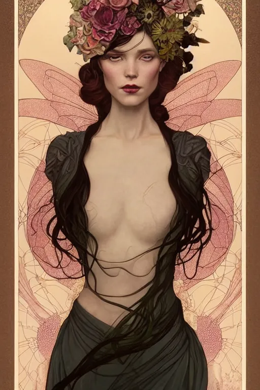 Image similar to full length portrait of a beautiful mysterious fairy with flowery headgear, no hands, by eve ventrue, michael carson, andreas rochas, john watkiss, casey weldon, artgerm. art nouveau. tarot card by mucha. gloomhaven. swirly intricate linework background. gaudy colors, sharp edges. octane render