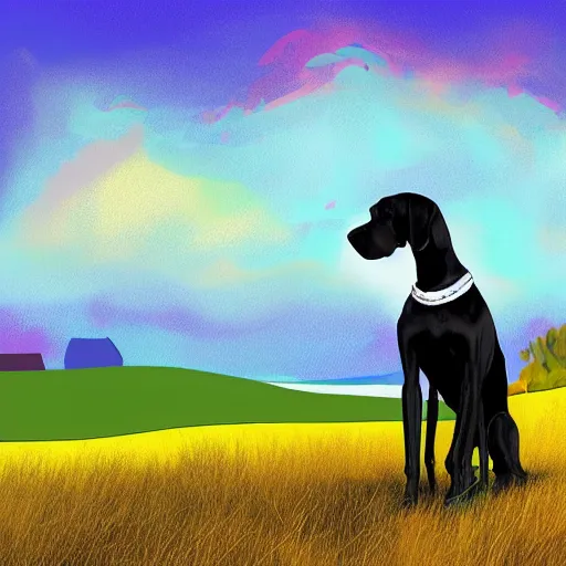 Prompt: a great dane standing on a hill, landscape, vibrant colors, detailed, digital art