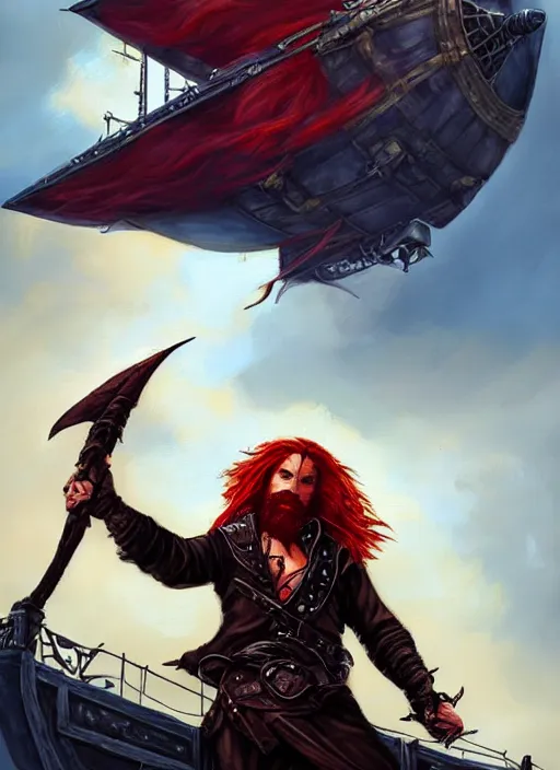 Image similar to an epic fantasy comic book style portrait painting of a long haired, red headed male sky - pirate in front of an airship in the style of eve ventrue