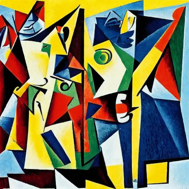 Prompt: cubistic painting by Picasso and Georges Braque showing Samuel Beckett