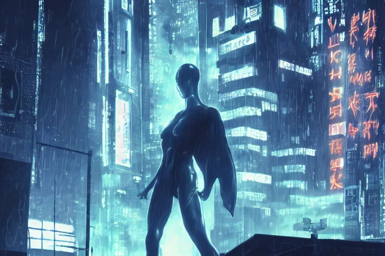 Image similar to roy batty with a bare torso sits in the lotus position with his head bowed in the rain on the roof of a building in the cyberpunk future, around neon signs, a little haze, night, realistic proportions, anime style ghost in armor