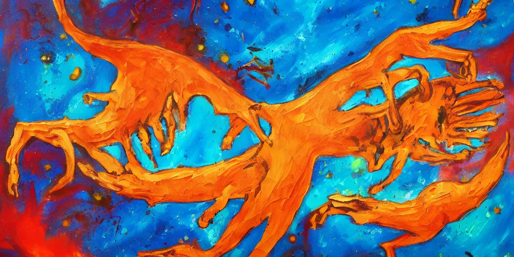 Prompt: abstract painting illustrating a creature jumping from the edge of a planet, its hands are reaching for something in the sky. no details.