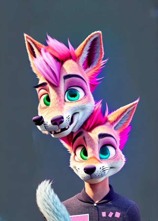 Prompt: portrait of a cute male boy with pink hair and pink wolf ears and freckles stylish clothes in a city in the style of zootopia, disney, volumetric lighting, subsurface scattering, photorealistic, octane render, random artists