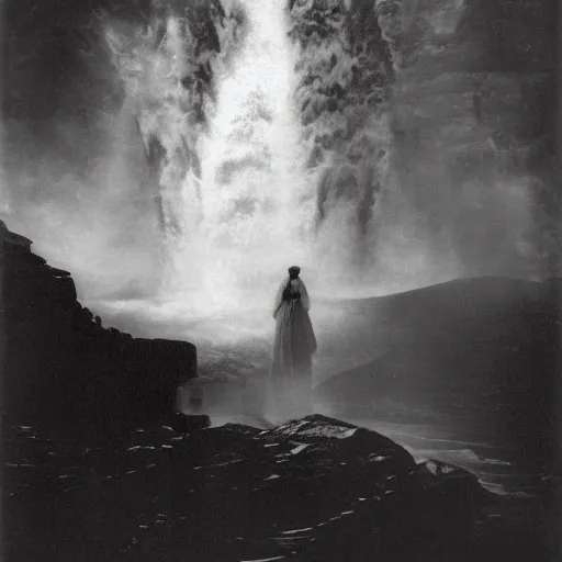 Image similar to dark and moody photo by ansel adams and peder balke, a woman in an extremely long dress made out of waterfalls