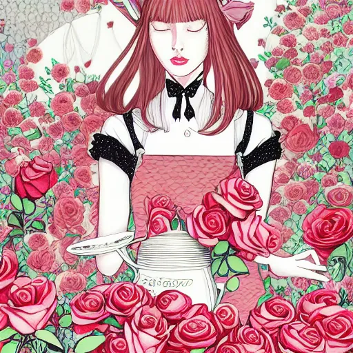 Image similar to Alice in Wonderland at the tea party, surrounded by red and white roses, digital illustration, inspired by Aeon Flux and Japanese shoujo manga, hyper detailed, phantasmagoric, super photorealistic, muted and pastel shades, extremely fine inking lines