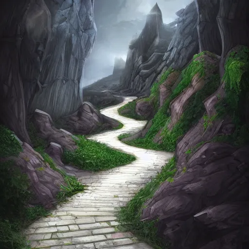 Image similar to a long winding pathway with deep cliffs on both sides, with a mysterious dark castle at the of the path, digital art, 8 k, concept art, trending on artstation