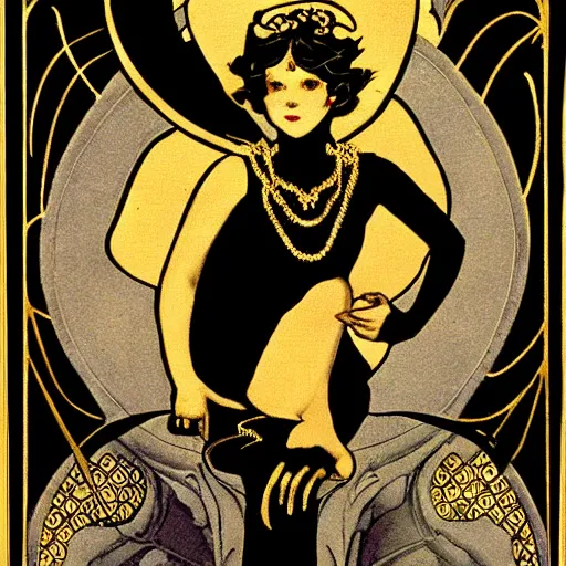 Image similar to a devil little girl, black and gold, art nouveau style