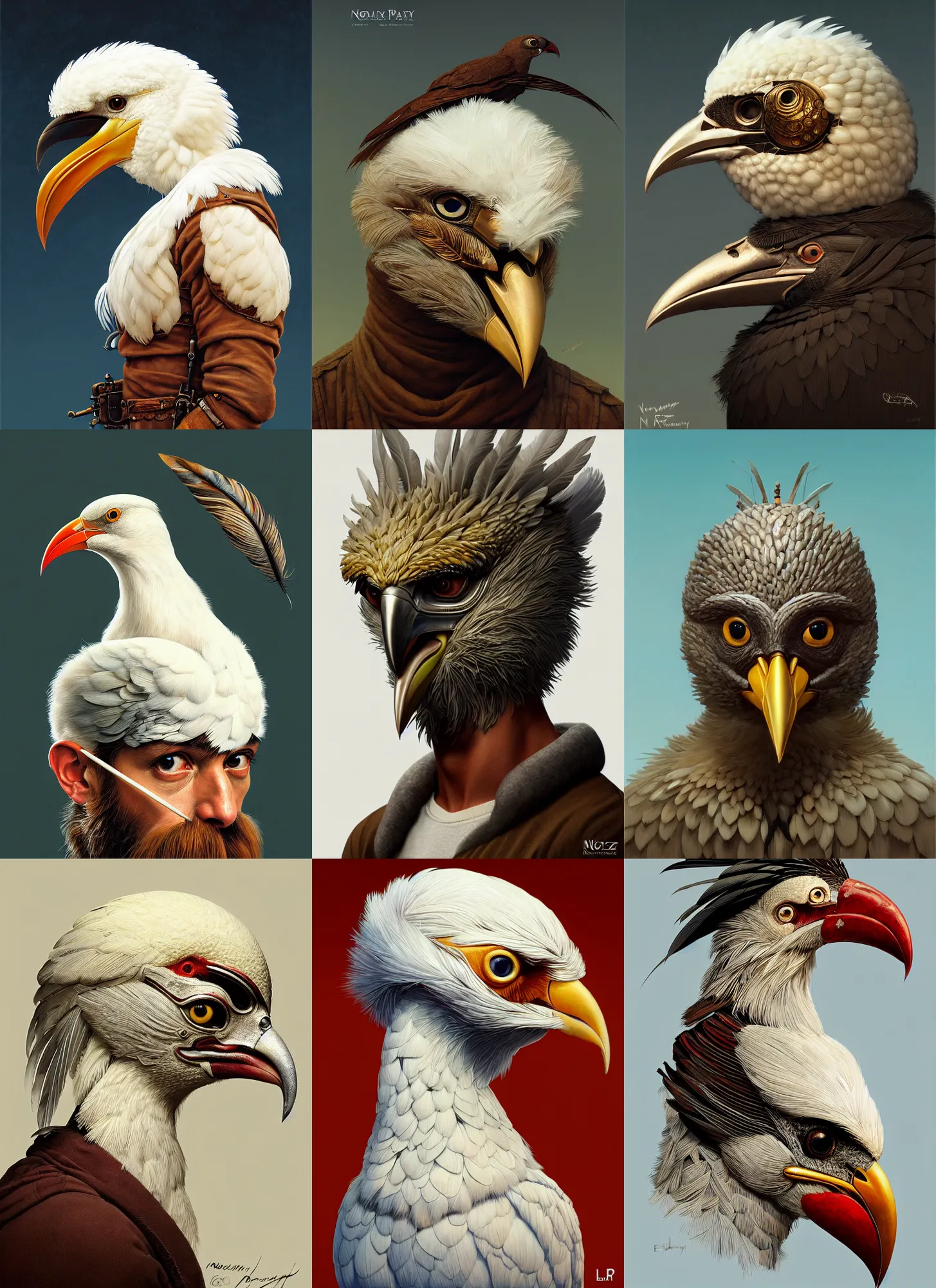 Prompt: rpg! profile! portrait of humanoid bird mask on white background, beak, feathers, intricate, highly detailed, digital painting, artstation, concept art, smooth, sharp focus, illustration, art by norman rockwell emiliano ponzi andrey remnev yoann lossel aaron jasinski, 8 k