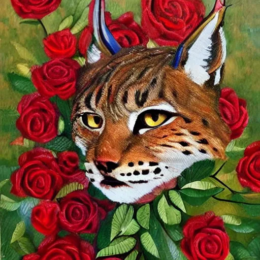 Prompt: lynx wearing a crown!! made out of roses, crown!!! of roses, an expressive oil painting, high quality art,