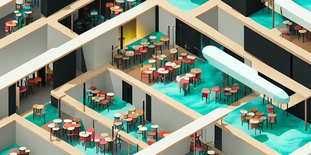 Image similar to an indoor modern cafe, watercolor and wool felting style, design by beeple, isometric style