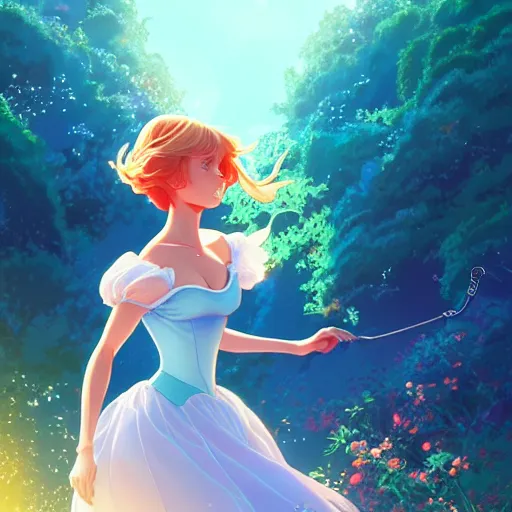 Prompt: cinderella, sunny day background, intricate, highly detailed, digital painting, artstation, official media, anime key visual, concept art, rich vivid colors, ambient lighting, sharp focus, illustration, art by Artgerm, Makoto Shinkai, Ilya Kuvshinov, Lois Van Baarle, and Rossdraws