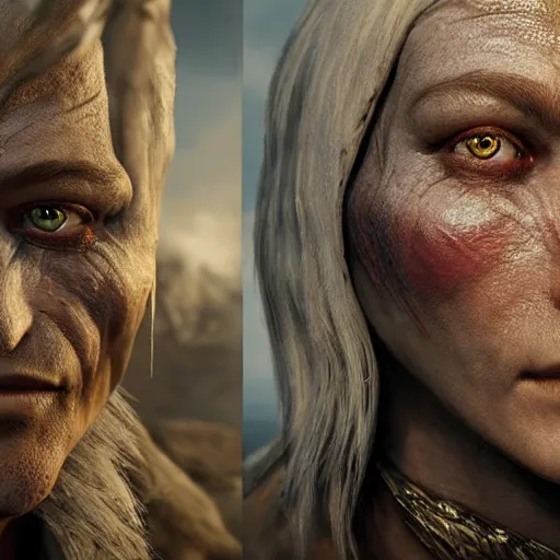 Image similar to hyperrealistic mixed media image of creatures of skyrim, stunning 3 d render inspired art by greg rutkowski and xiang duan and thomas eakes, perfect facial symmetry, flesh texture, realistic, highly detailed attributes and atmosphere, dim volumetric cinematic lighting, 8 k octane detailed render, post - processing, masterpiece,