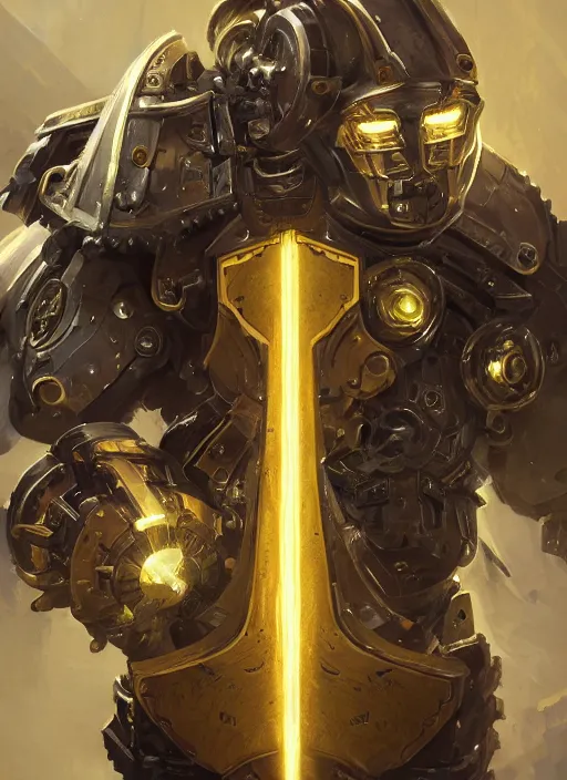 Image similar to dynamic head-on abstract portrait of a intricate glorious holy mechanical warforged character in yellow armor holding a paladin engraved great longsword drawn and carrying a big paladin shield, beam glowing eye , face in focus, epic , trending on ArtStation, masterpiece, cinematic lighting, by Ross Tran and by Greg Rutkowski