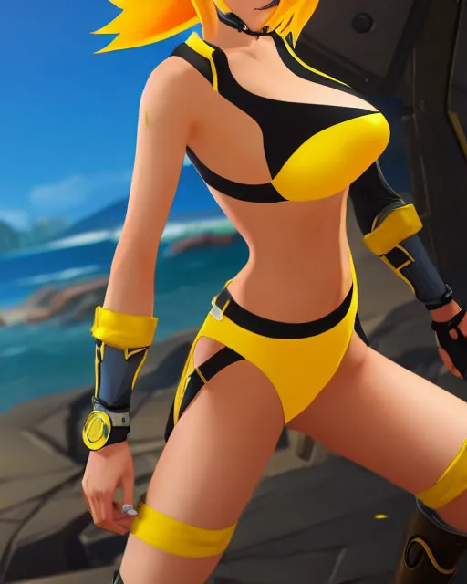 Image similar to tracer game character, in yellow bikini, blonde hair, black eyes, full height