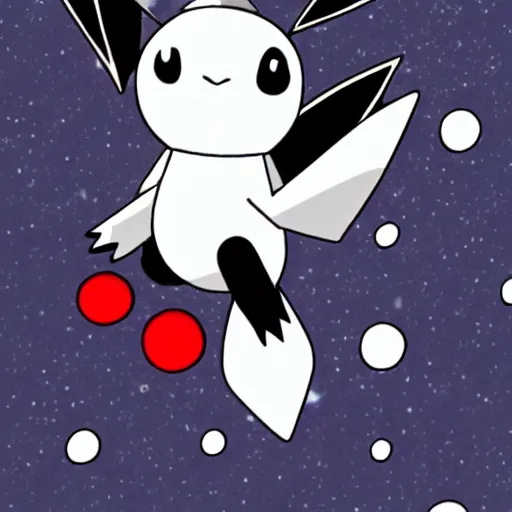 Prompt: a black and white pokemon in anima style cartoon floating in outer space with one red dot and a long tail detailed