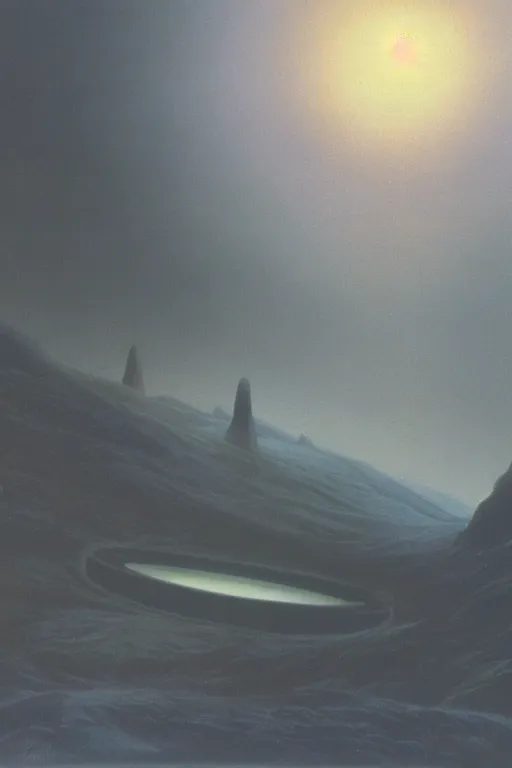 Image similar to ralph mcquarrie, terrence namey, concept art, matte painting, dark epic sci fi landscape dawn mist halo, by dawe gabriel and dean roger