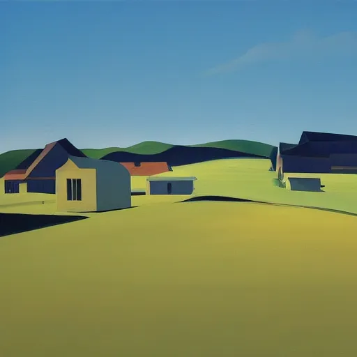 Image similar to dreaming futuristic rural landscape with modern houses, painted by Alex Katz and Edward Hopper, airbrush, highly detailed