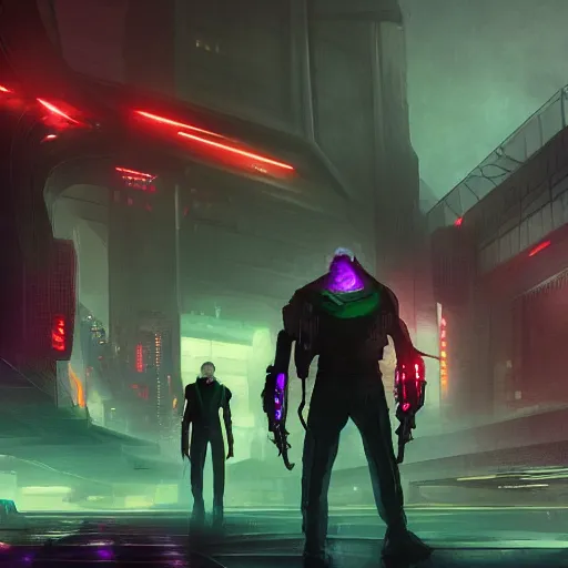 Prompt: New team members of Blade Runners, looking by big brother, cyberpunk style, digital painting, artstation, concept art, smooth, sharp focus, hyperrealistic, illustration, artstation trending, octane render, unreal engine, ambient light, dynamic lighting, magical, dark vibes, green, purple and red colors