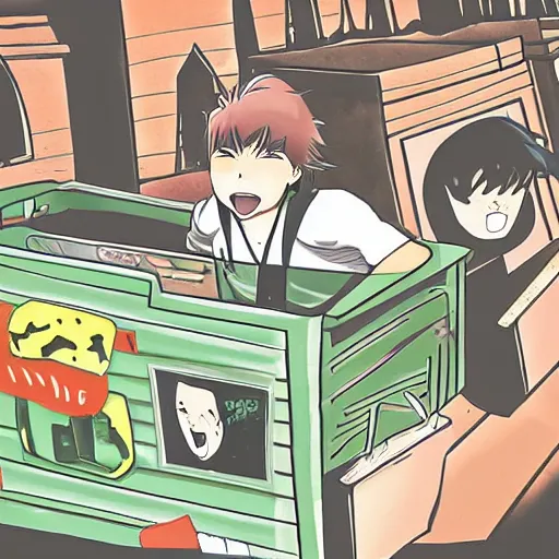 Prompt: Anime style illustration of a dumpster with a face