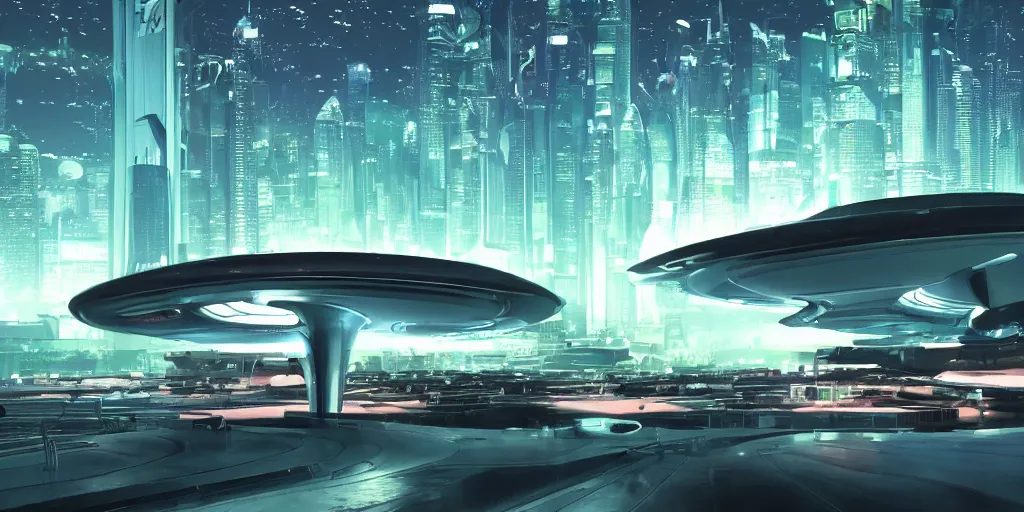 Image similar to a modern luxury spaceship on a landing pad in a busy neon-lit futuristic city