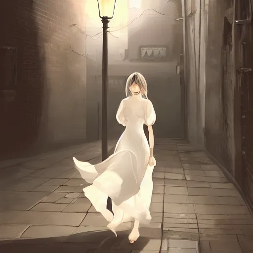 Prompt: a girl in a white dress, holding a lantern, dramatic lighting, walking through a dark alleyway surrounded by tall buildings, 8k, trending on artstation, drawn by wlop