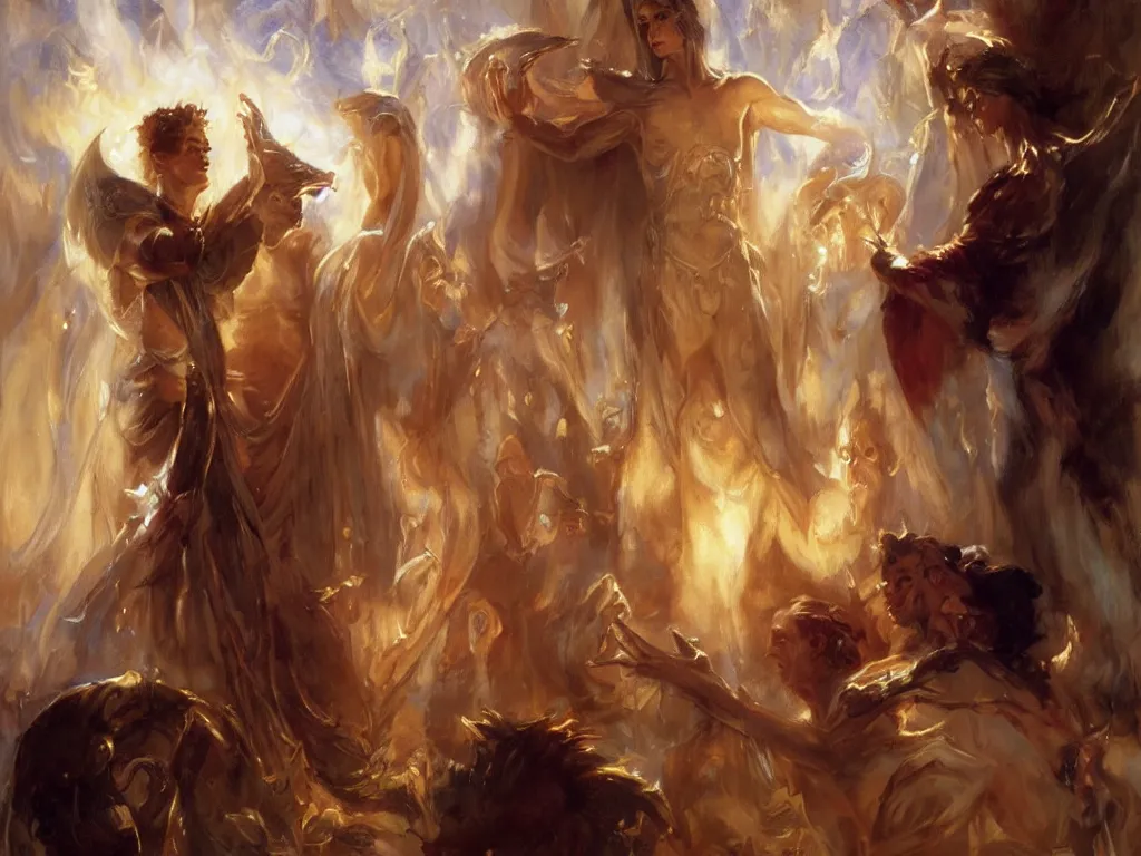 Image similar to attractive magician casts dark spell, summoning attractive lucifer morningstar. highly detailed painting by gaston bussiere, craig mullins, j. c. leyendecker 8 k