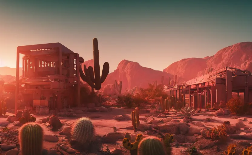 Image similar to a beautiful render of a sci - fi scientific industrial facility localized in a desert cave, cacti, patches of yellowish - red - magenta sky, sunset lighting, detailed, hazy, dry, volumetric lighting, god rays, 8 k, photorealistic, raytracing effects, rtx on