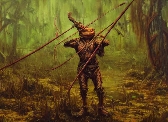Prompt: extremely detailed oil painting of a goblin archer in a swamp, by Anato Finnstark, trending on artstation
