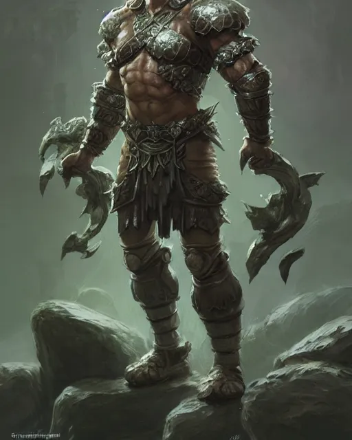 Image similar to concept art of a ancient stone warrior, tight revealing moss armor, stone, rocks | | epic - fine - fine details by stanley artgerm lau, wlop, rossdraws, and sakimichan, trending on artstation, brush strokes