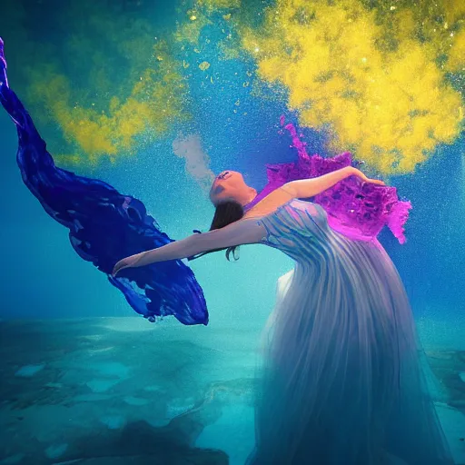 Prompt: woman dancing underwater wearing a flowing dress made of blue, magenta, and yellow seaweed, delicate coral sea bottom, swirling silver fish, swirling smoke shapes, unreal engine, caustics lighting from above, cinematic, hyperdetailed