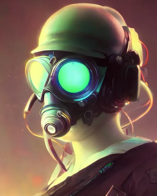 Image similar to anime key visual of a young female police officer, neon, futuristic gas mask, cyberpunk, futuristic, stunning, highly detailed, digital painting, artstation, smooth, soft focus, illustration, art by artgerm and greg rutkowski and alphonse mucha