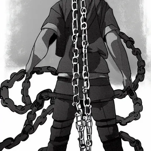 Prompt: A FULL BODY PORTRAIT FROM BEHIND OF UCHIHA ,THE MAN KEEPS A KUSARIGAMA AND IT IS WRAPPED IN CHAINS ,detailed, concept art, ink style , sketch