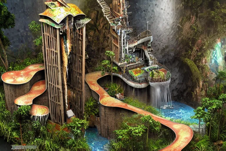 Prompt: favela bunker cathedral coaster hive, art nouveau waterfall environment, industrial factory, terrifying, award winning art, epic dreamlike fantasy landscape, ultra realistic,