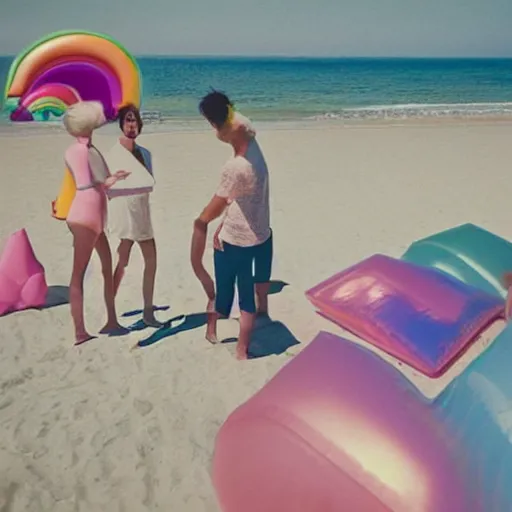 Image similar to a pastel colour high fidelity wide angle Polaroid art photo from a holiday album at a seaside with abstract inflatable parachute furniture, all objects made of transparent iridescent Perspex and metallic silver, people in masks relax, iridescence, nostalgic