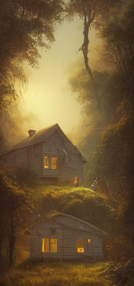 Image similar to a highly detailed epic cinematic concept art CG render digital painting artwork: small family cabin House, modern archetecture, excessove vegetation, foggy, dreamy, golden hour sunset By Greg Rutkowski, in the style of Francis Bacon and Syd Mead and Norman Rockwell and Beksinski, open ceiling, highly detailed, painted by Francis Bacon and Edward Hopper, painted by James Gilleard, surrealism, airbrush, Ilya Kuvshinov, WLOP, Stanley Artgerm, very coherent, triadic color scheme, art by Takato Yamamoto and James Jean