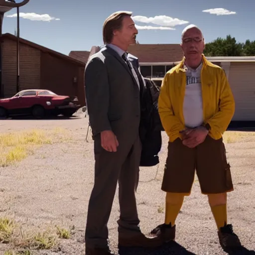 Prompt: highly detailed shot of better call saul cross over with mickey mouse house season finale with walter white appearing in the background