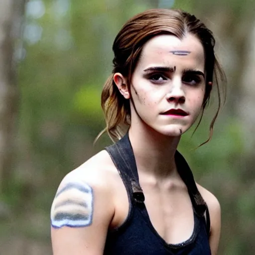 Prompt: movie still of emma watson in the 1 0 0 ( tv series ), tribal face paint