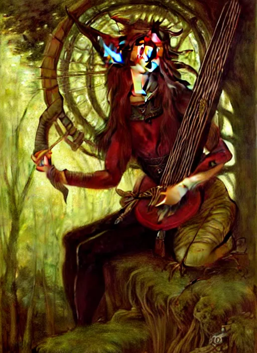 Image similar to forest elf bard playing lute, full body, hyper realistic, extremely detailed, dnd character art portrait, dark fantasy art, intricate fantasy painting, dramatic lighting, vivid colors, deviantart, artstation, by edgar maxence and caravaggio and michael whelan and delacroix.