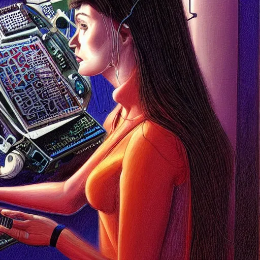 Image similar to beautiful detailed sci - fi painting of a beautiful female neuroscientist with dark hair trying to understand a microprocessor and neural networks, jean giraud