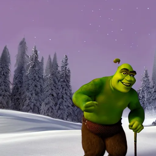 Handsome shrek, studio photography, blurred river with critmas