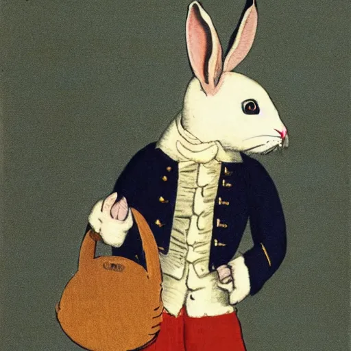 Image similar to a book illustration of a rabbit wearing a british navy 1700s uniform