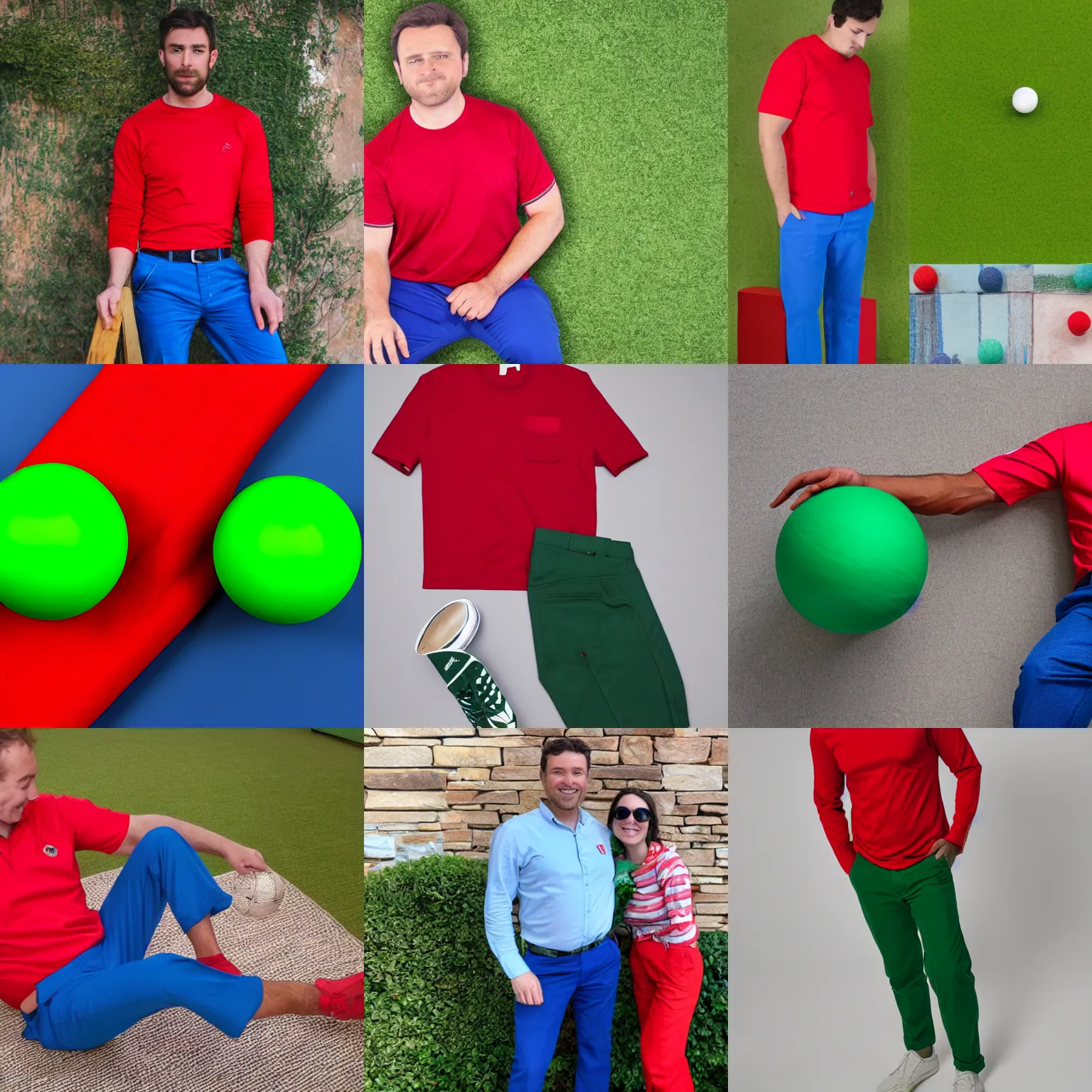 Prompt: a red shirt, blue trousers, a green ball